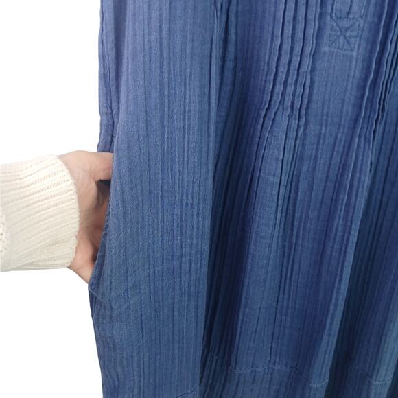 Faherty Women's SZ M 100% Organic Cotton Isha Linen Mini Dress In Indigo Pockets - Picture 6 of 8